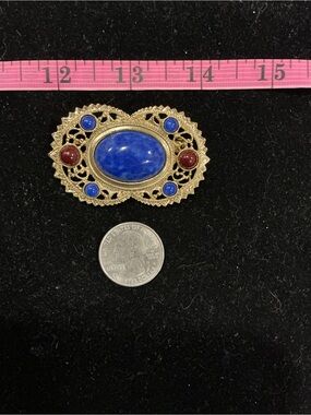 Gold-Tone Brooch with Blue and Red accents